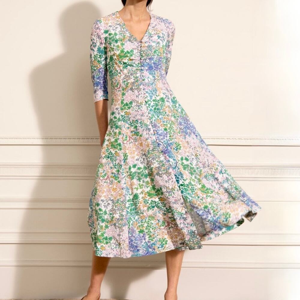 The Fold London Lochaline Japanese Botanical Floral Midi Dress UK 12 US 8
